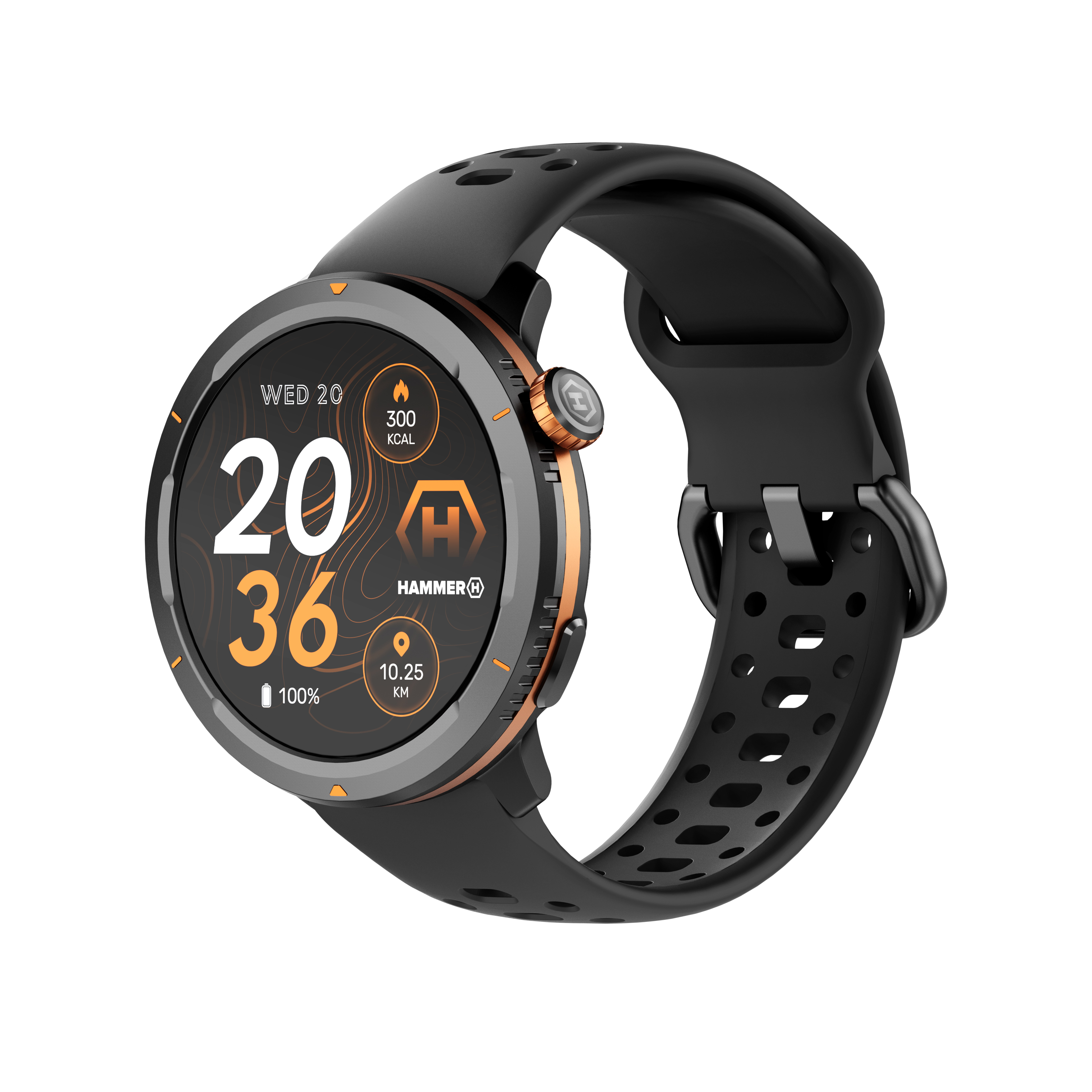 Uno smartwatch nero con cinturino nero, che mostra informazioni sullo schermo. La lunetta è dorata.