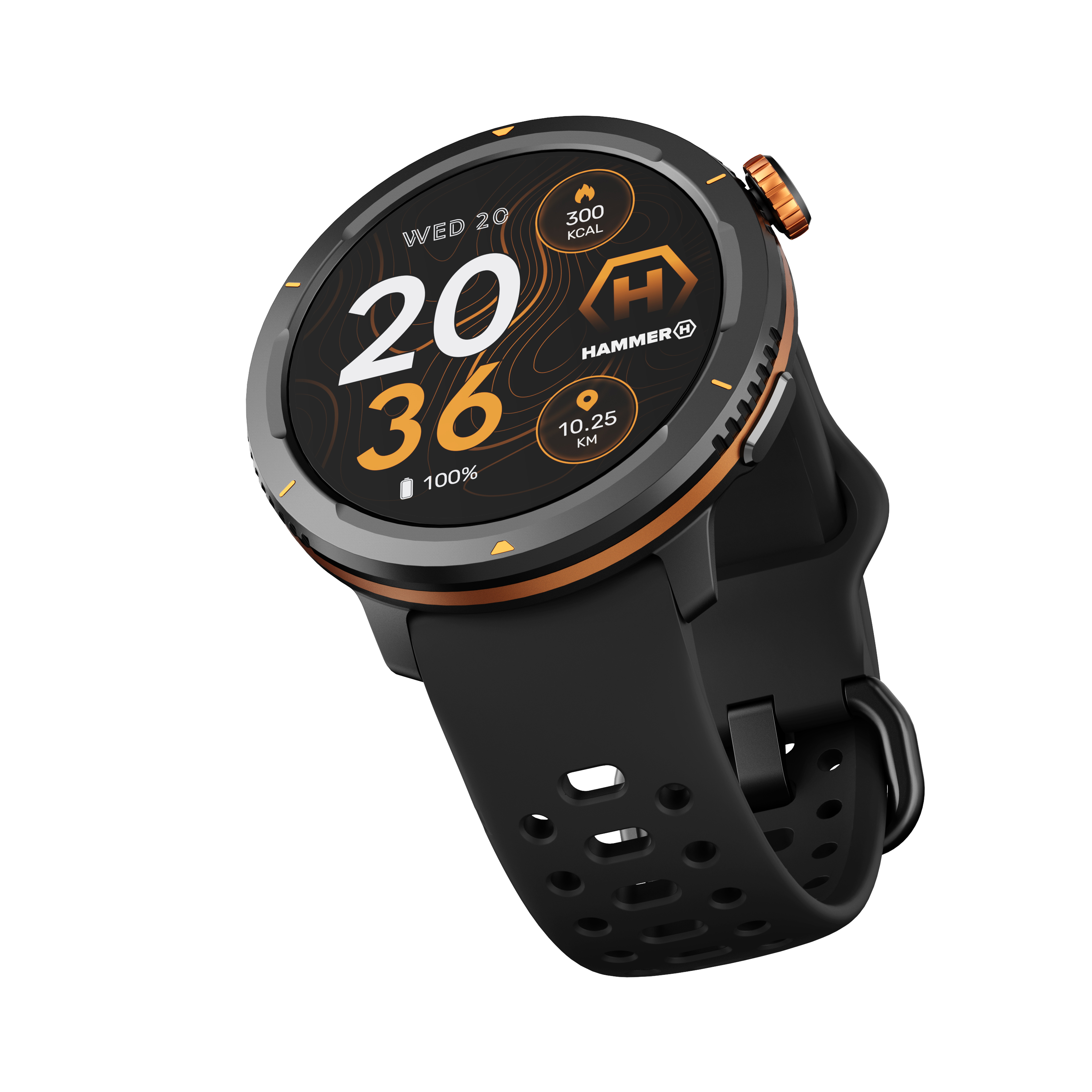 Smartwatch nero e arancione con statistiche sullo schermo, vista angolata.
