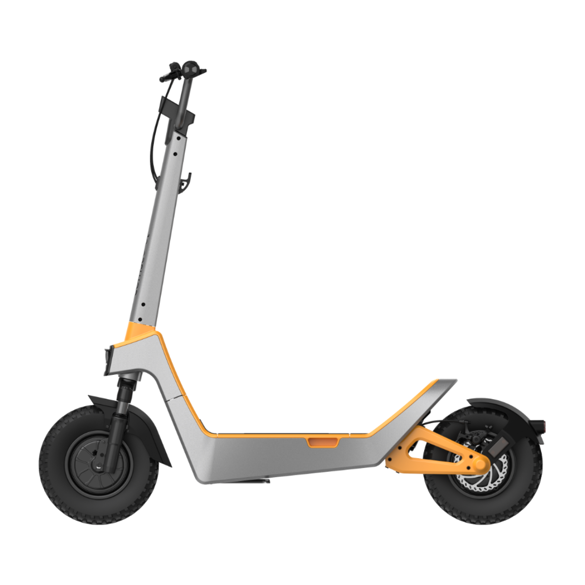 Seitenansicht eines grau-orangen Elektrorollers mit schwarzen Reifen, vor schwarzem Hintergrund.
