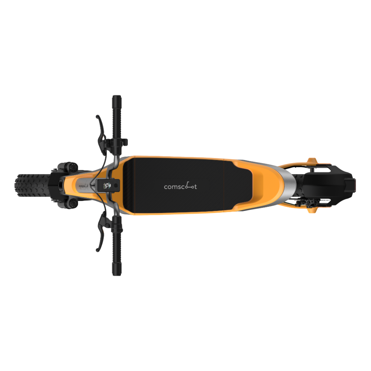 Orangener Elektroroller, Luftaufnahme, schwarzer Hintergrund