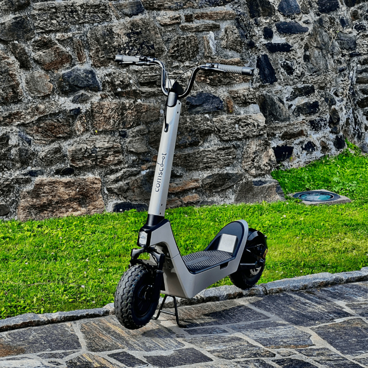 Ein Elektroroller steht auf Kopfsteinpflaster, mit einer Steinmauer und Gras im Hintergrund. Grau- und Schwarztöne.