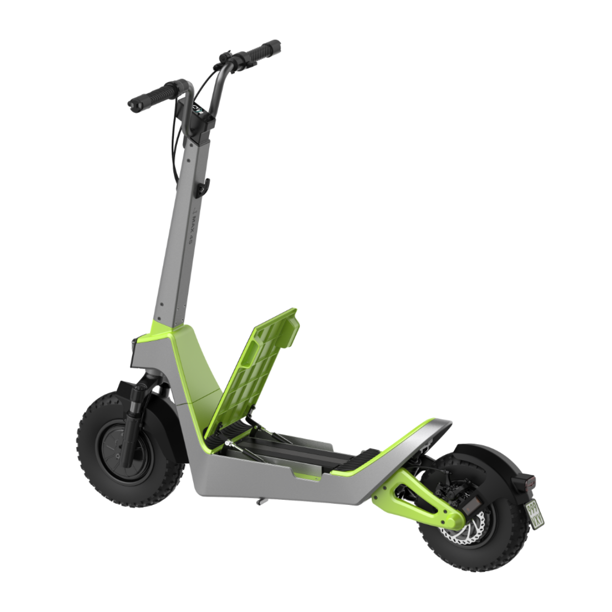 Ein grüner und grauer Elektroroller mit schwarzem Rad auf schwarzem Hintergrund.