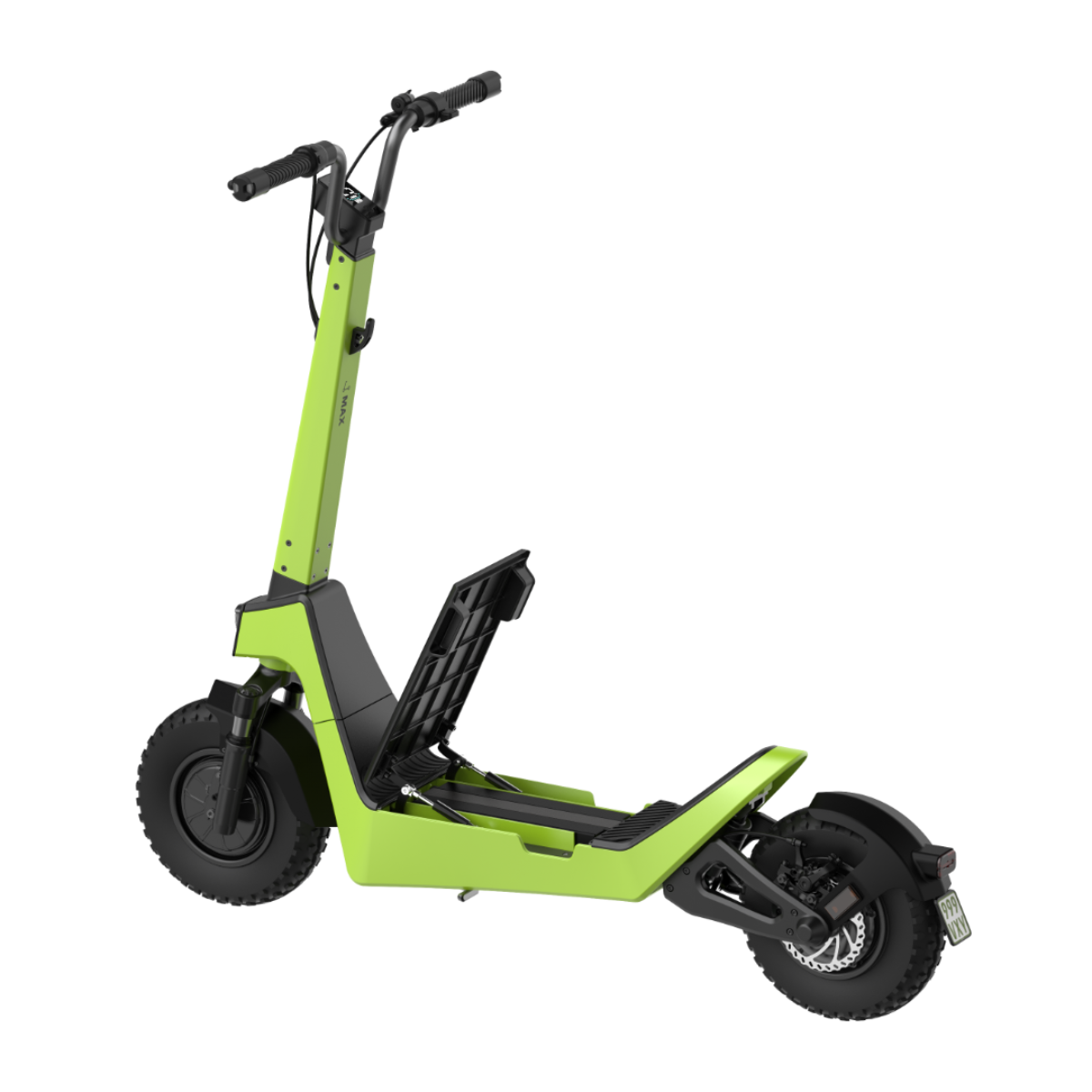 Ein hellgrüner Elektroroller mit offener Plattform und schwarzen Rädern. Der Roller ist auf schwarzem Hintergrund isoliert.