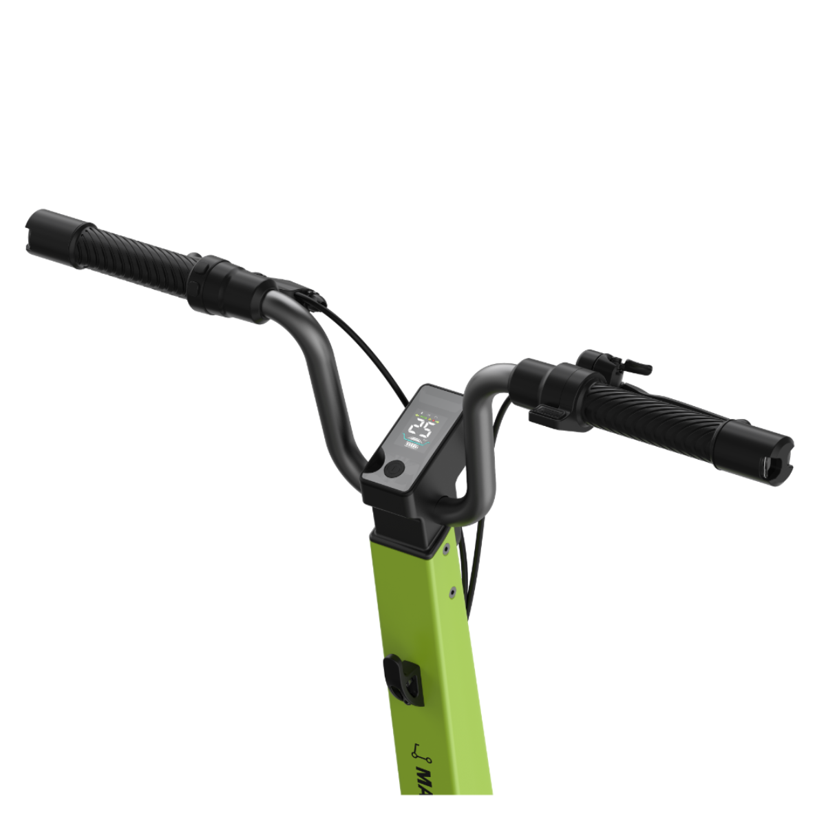 Grüner Elektrorollerlenker. Die Anzeige zeigt eine Geschwindigkeit von 25 km/h.