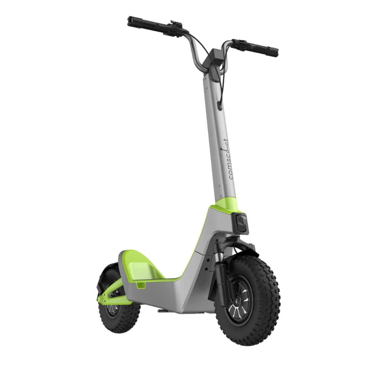 Ein grau-grüner Elektroroller mit schwarzen Reifen, vor schwarzem Hintergrund.