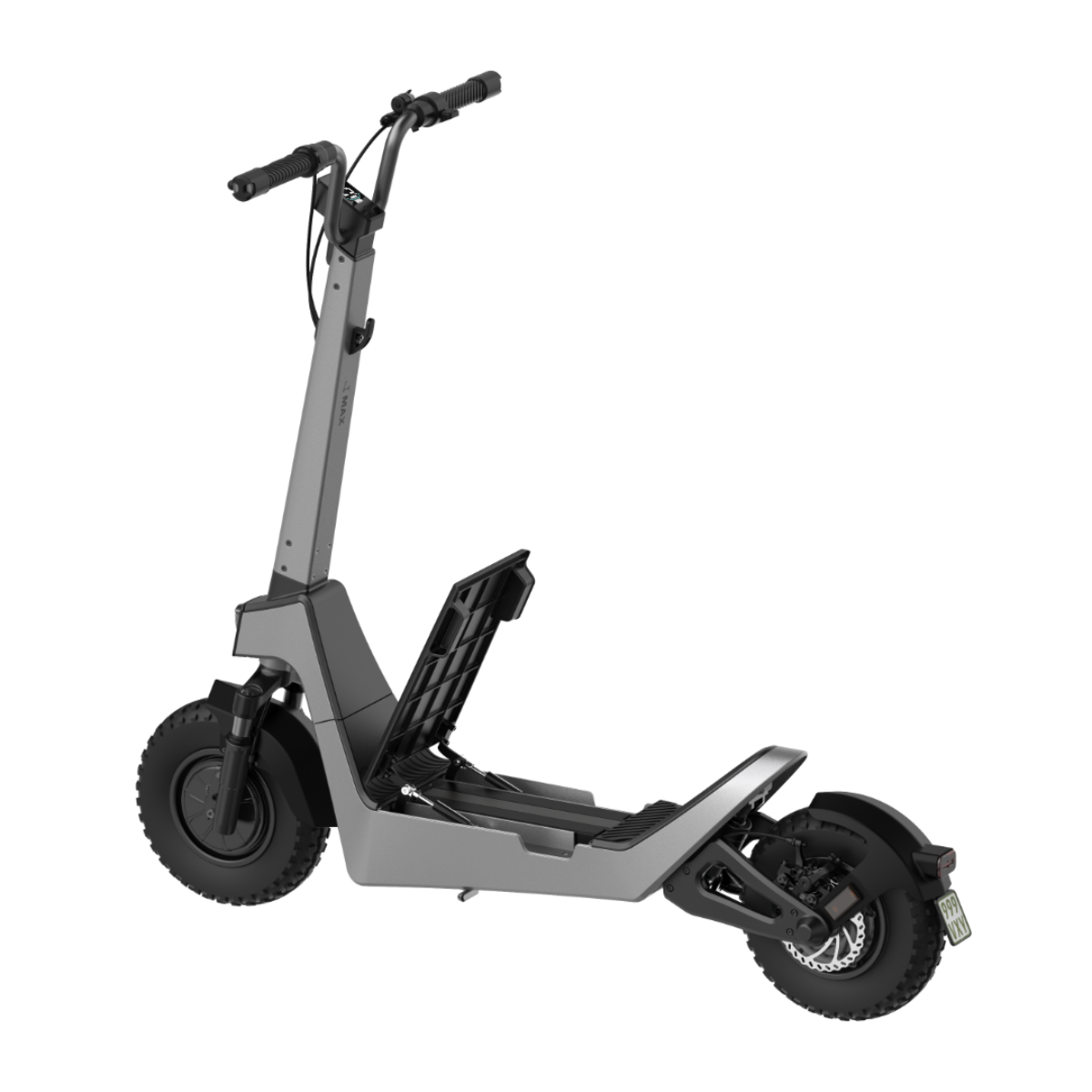 Ein grauer Elektroroller mit faltbarem Design auf schwarzem Hintergrund.