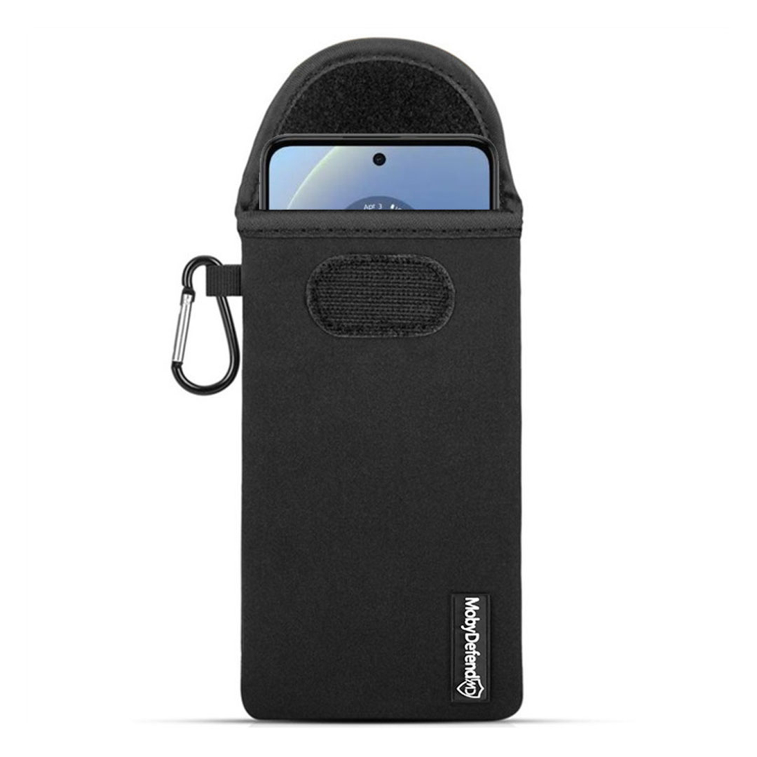 Zwarte telefoonhoes met karabijnhaak. Telefoon is gedeeltelijk zichtbaar. De merknaam 'MobyDefend' is zichtbaar.