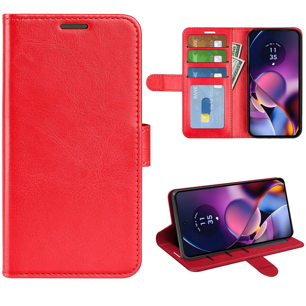 Étui de téléphone rouge avec cartes, argent et téléphone. Il est ouvert et fermé dans différentes vues.