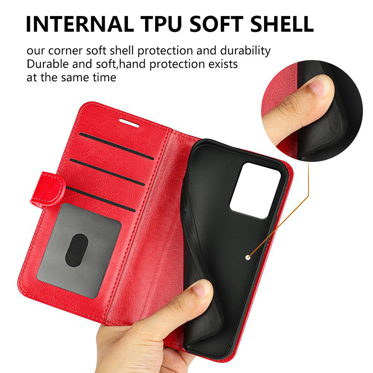 Étui de téléphone rouge ouvert, avec fentes pour cartes et téléphone, main tenant.