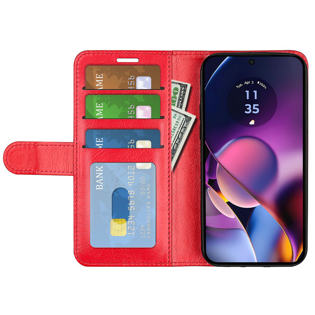 Étui de téléphone rouge ouvert avec téléphone et cartes. Il y a de l'argent.