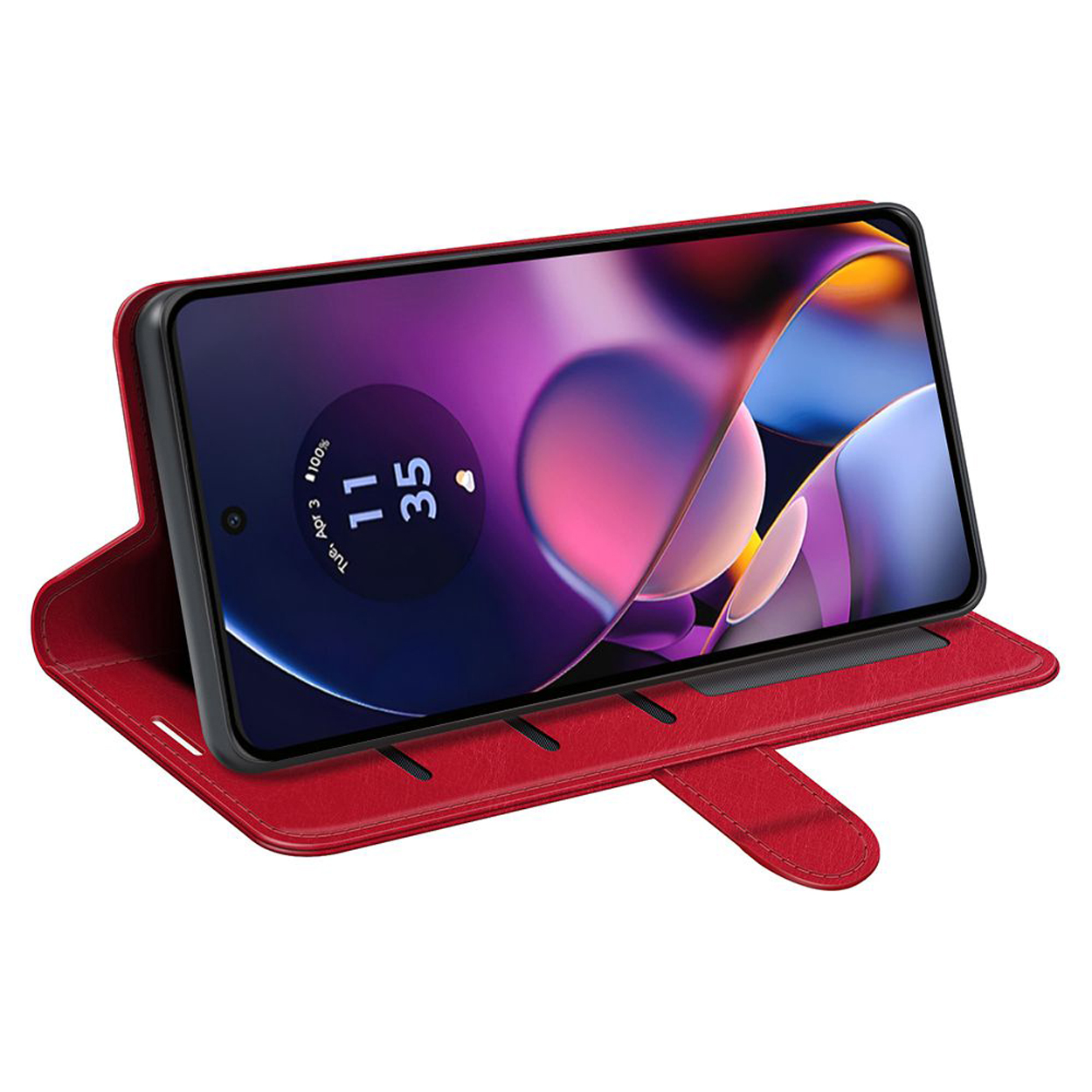 Un étui de téléphone rouge est ouvert, affichant un écran de téléphone avec un arrière-plan violet et l'heure.