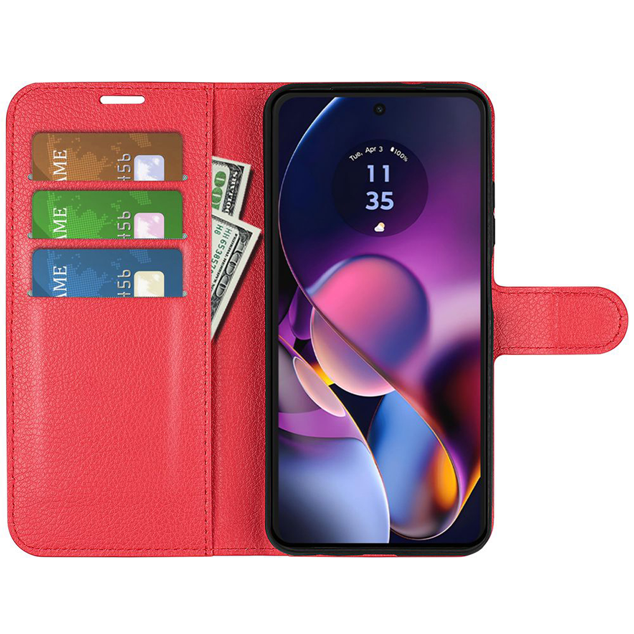 Een rode telefoonhoes met open sleuven voor kaarten en een telefoon. Inclusief geld en schermweergave.