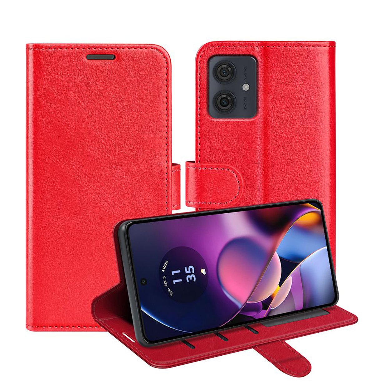 Étui de téléphone rouge en trois parties. Le téléphone est à l'intérieur. L'étui est ouvert. L'écran est visible.
