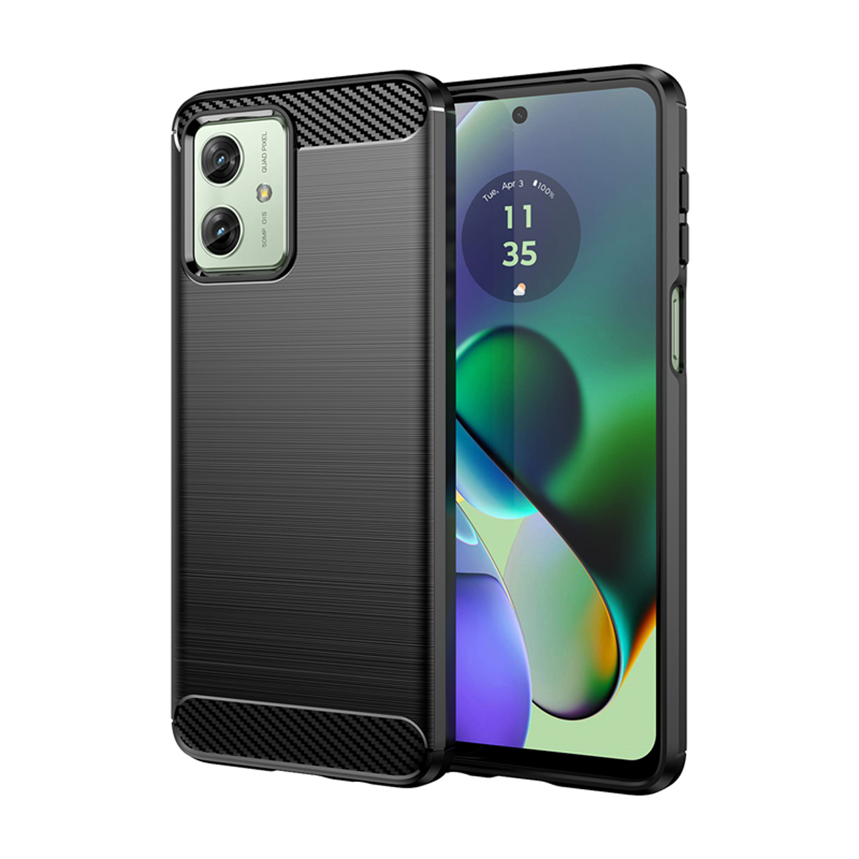Zwarte telefoonhoes met een textuurpatroon. De telefoon zit erin. Witte achtergrond.