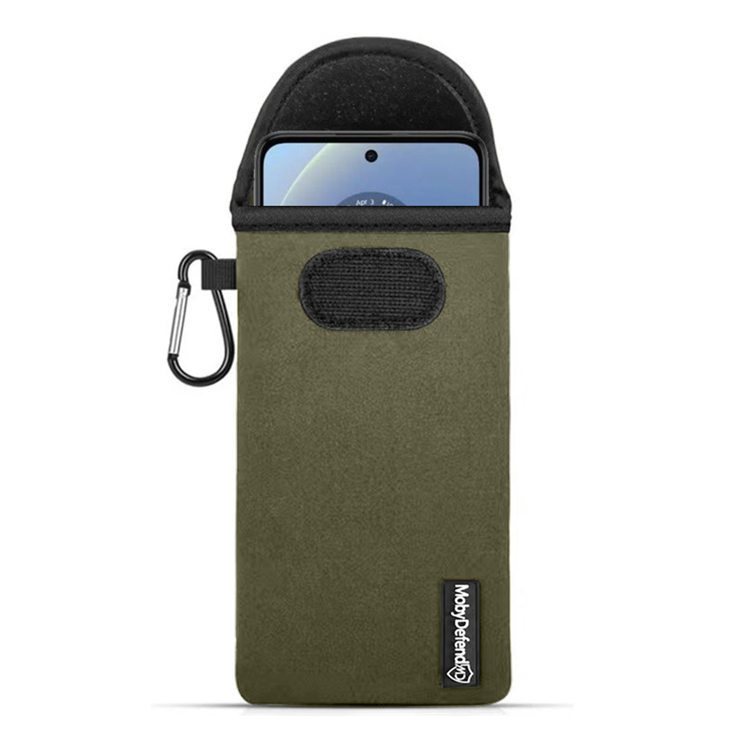 Olijfgroene telefoonsleeve met zwarte bovenkant en zilveren karabijnhaak.