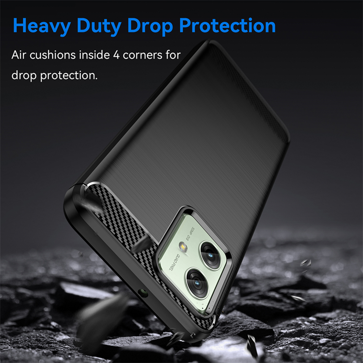 Coque de téléphone noire avec téléphone à l'intérieur, montre la protection contre les chutes.