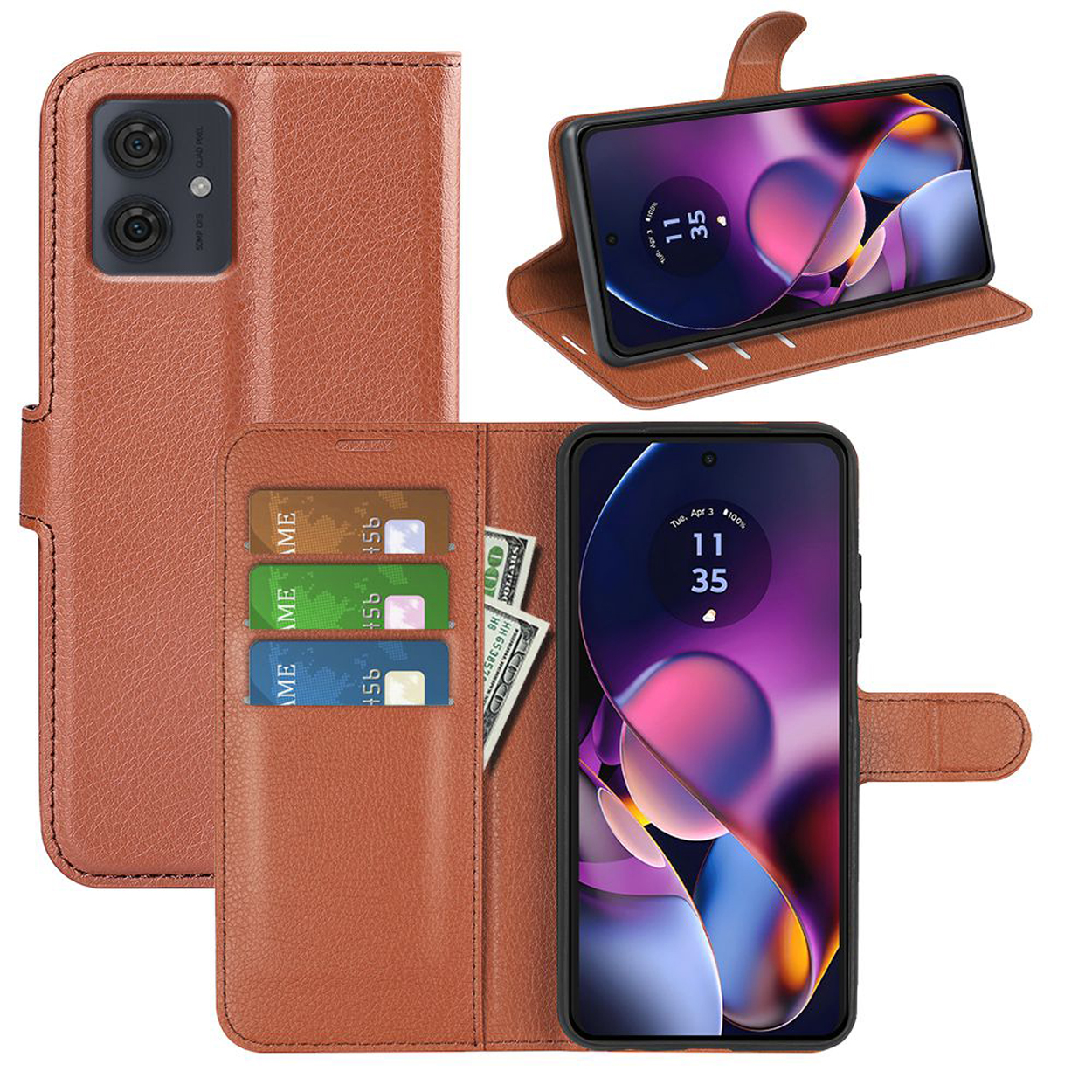 Coque de téléphone marron avec des fentes pour cartes et un téléphone à l'intérieur. Le téléphone affiche un écran avec l'heure.