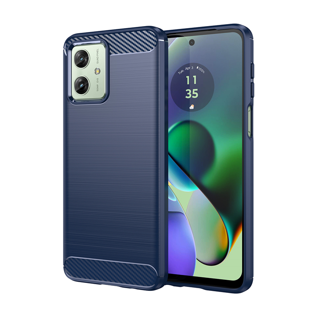 Coque de téléphone bleue avec des accents sombres. Le téléphone est visible. La coque a un design texturé.