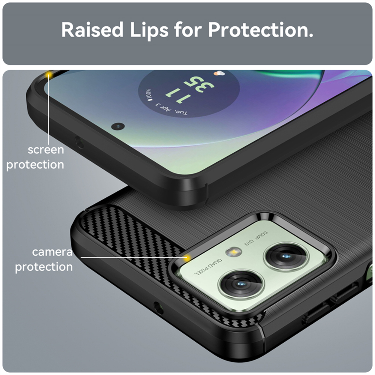 Gros plan sur une coque noire avec bords surélevés pour la protection de l'écran et de la caméra.