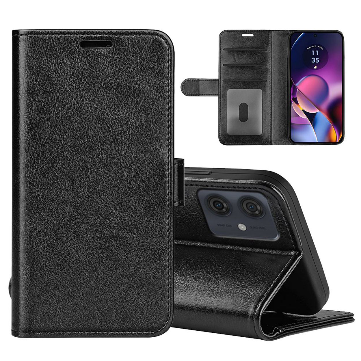 Étui de téléphone en cuir noir, ouvert et fermé, avec téléphone à l'intérieur. Fentes pour cartes et fermoir magnétique.
