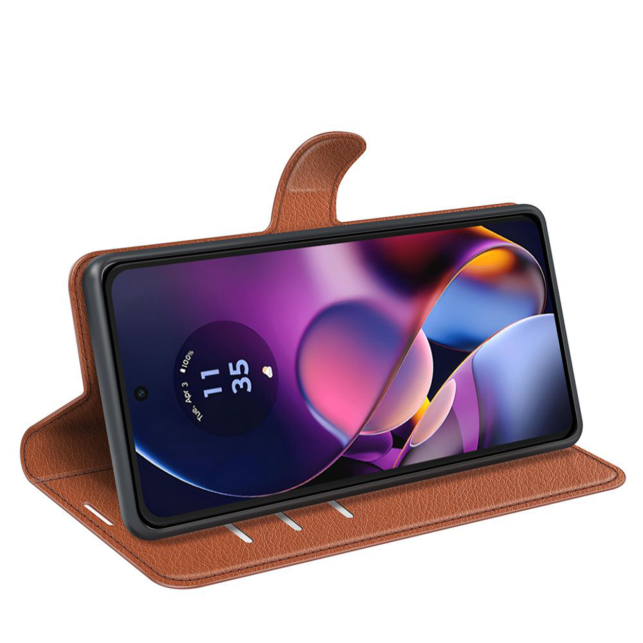 Étui de téléphone marron, téléphone affichant un écran violet, écran incliné.