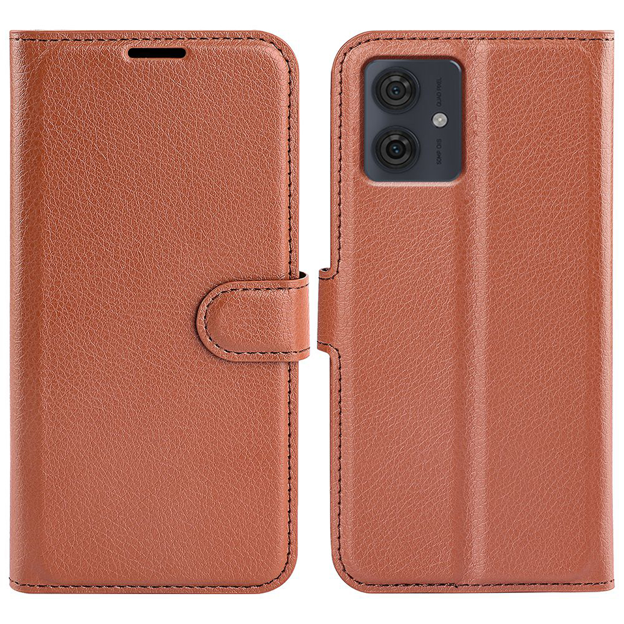 Étui de téléphone en cuir marron, ouvert et fermé. Montre le téléphone et le bouton.