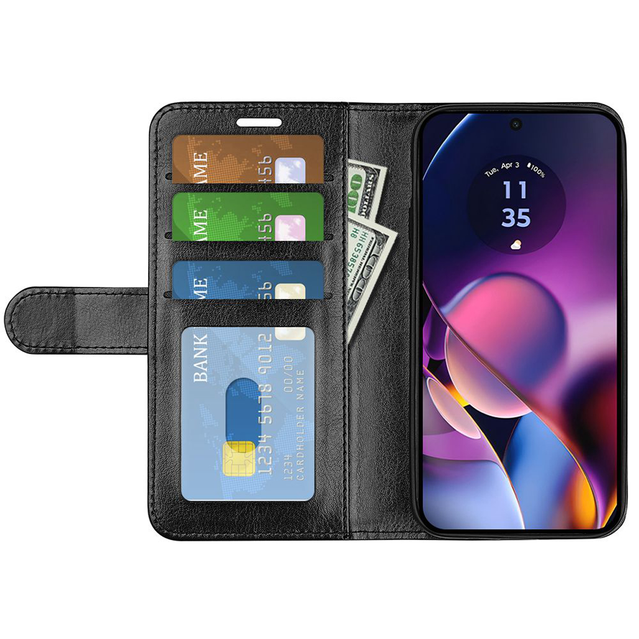 Étui de téléphone noir ouvert, avec cartes et argent, téléphone avec heure.
