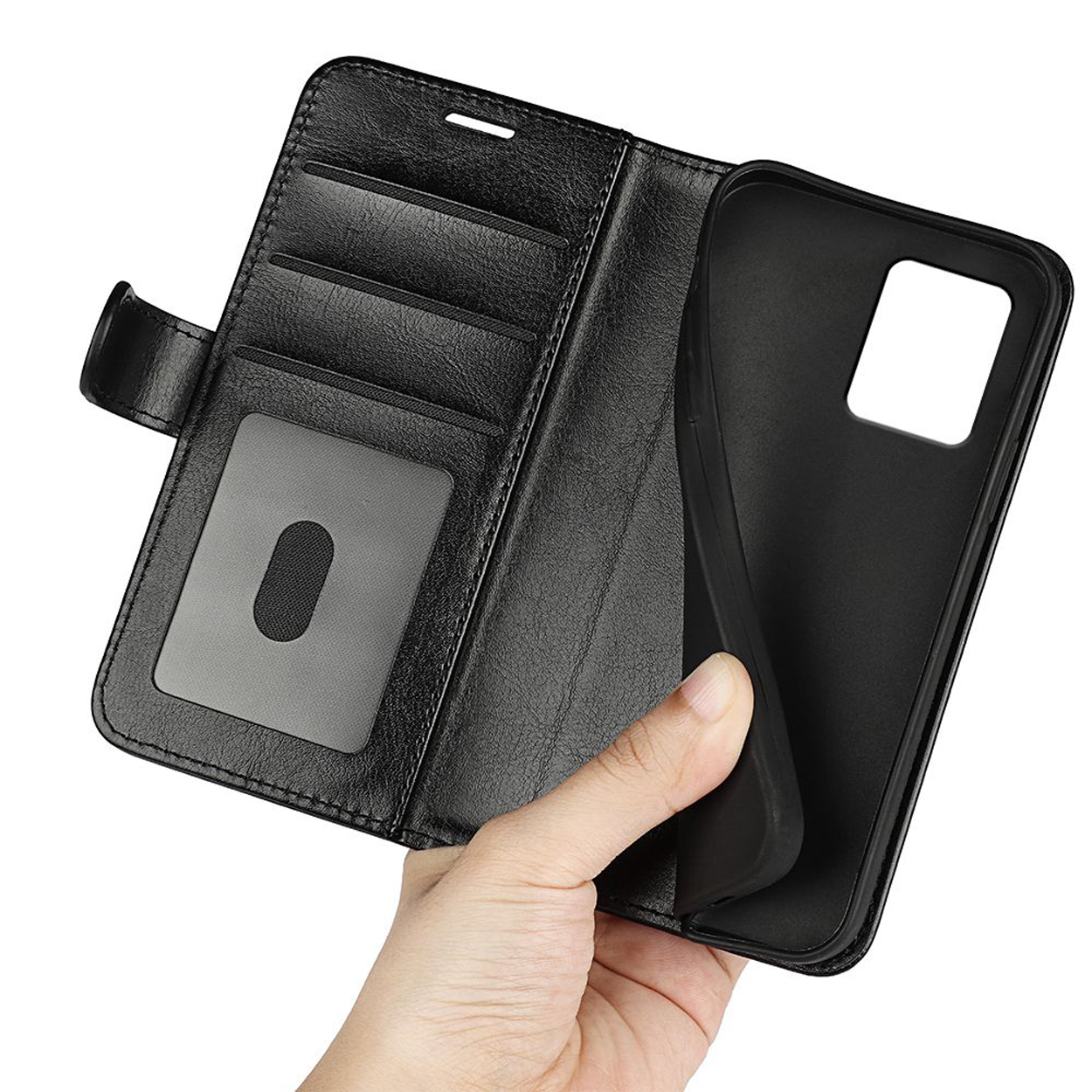 Coque de téléphone noire avec cartes à l'intérieur. Une main tient la coque ouverte. Fond blanc.
