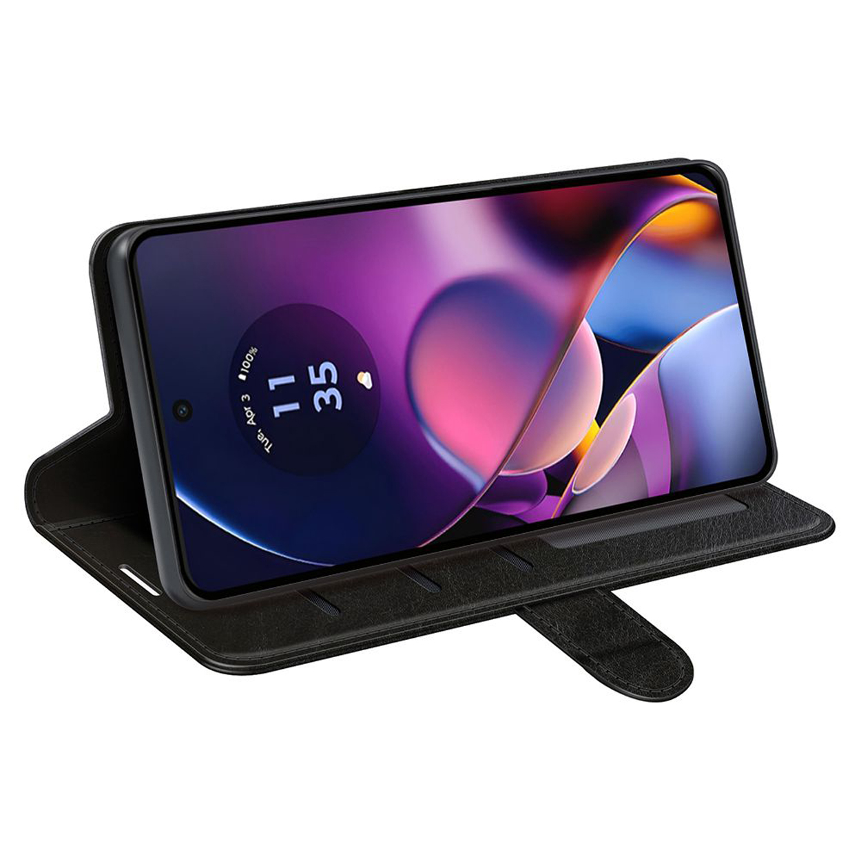 Coque noire ouverte avec un téléphone. L'écran affiche une horloge. Le fond est blanc.