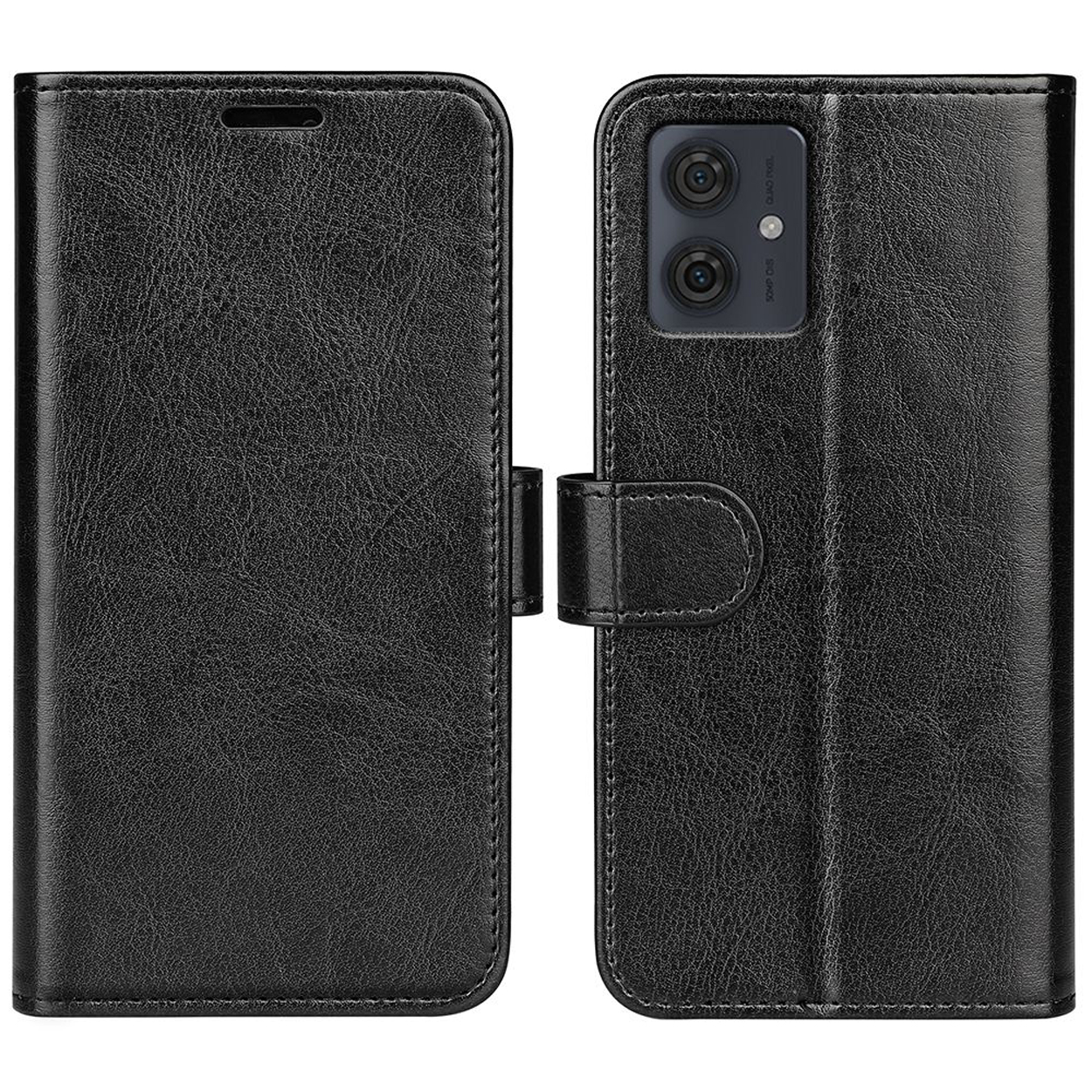 Étui de téléphone en cuir noir, ouvert pour révéler le téléphone. Dispose d'un fermoir et d'une découpe pour l'appareil photo.