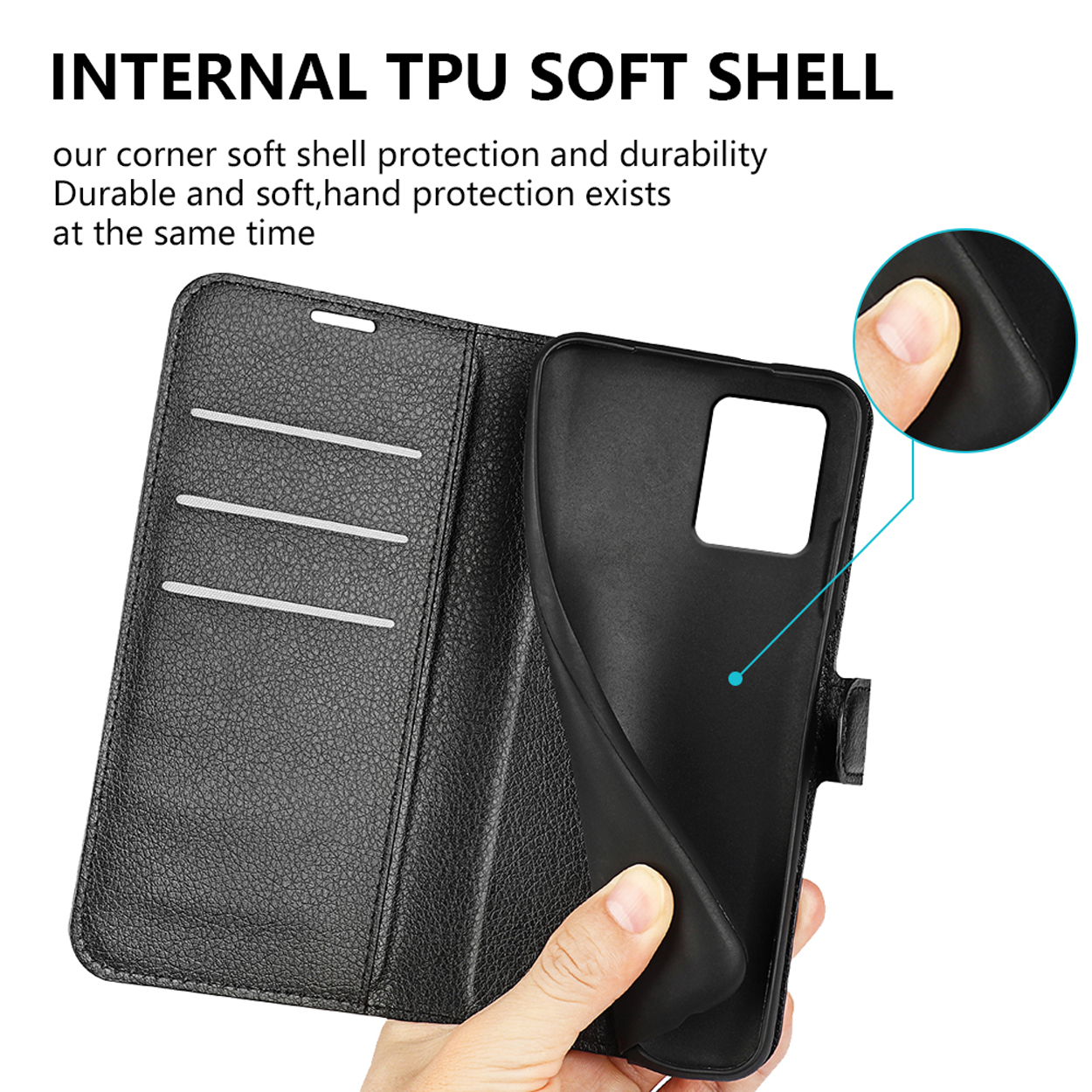Zwarte telefoonhoes, open, toont telefoon. Tekst: Interne TPU soft shell.