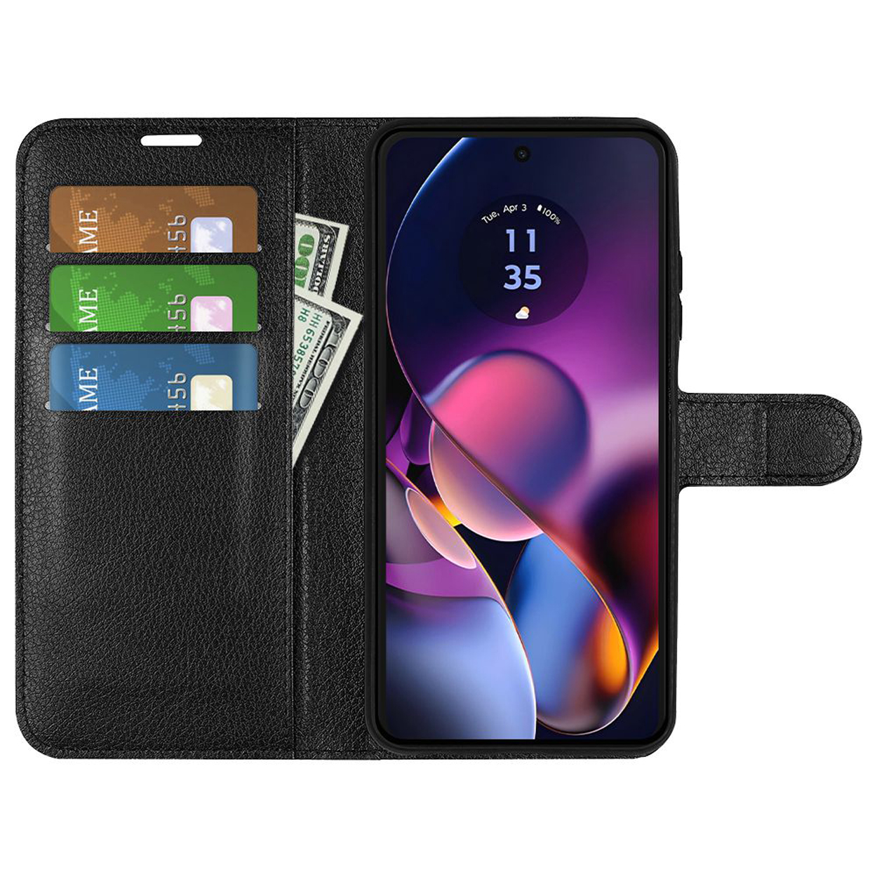 Zwarte leren telefoonportemonnee open, met een telefoon met tijd, kaarten en contant geld erin.