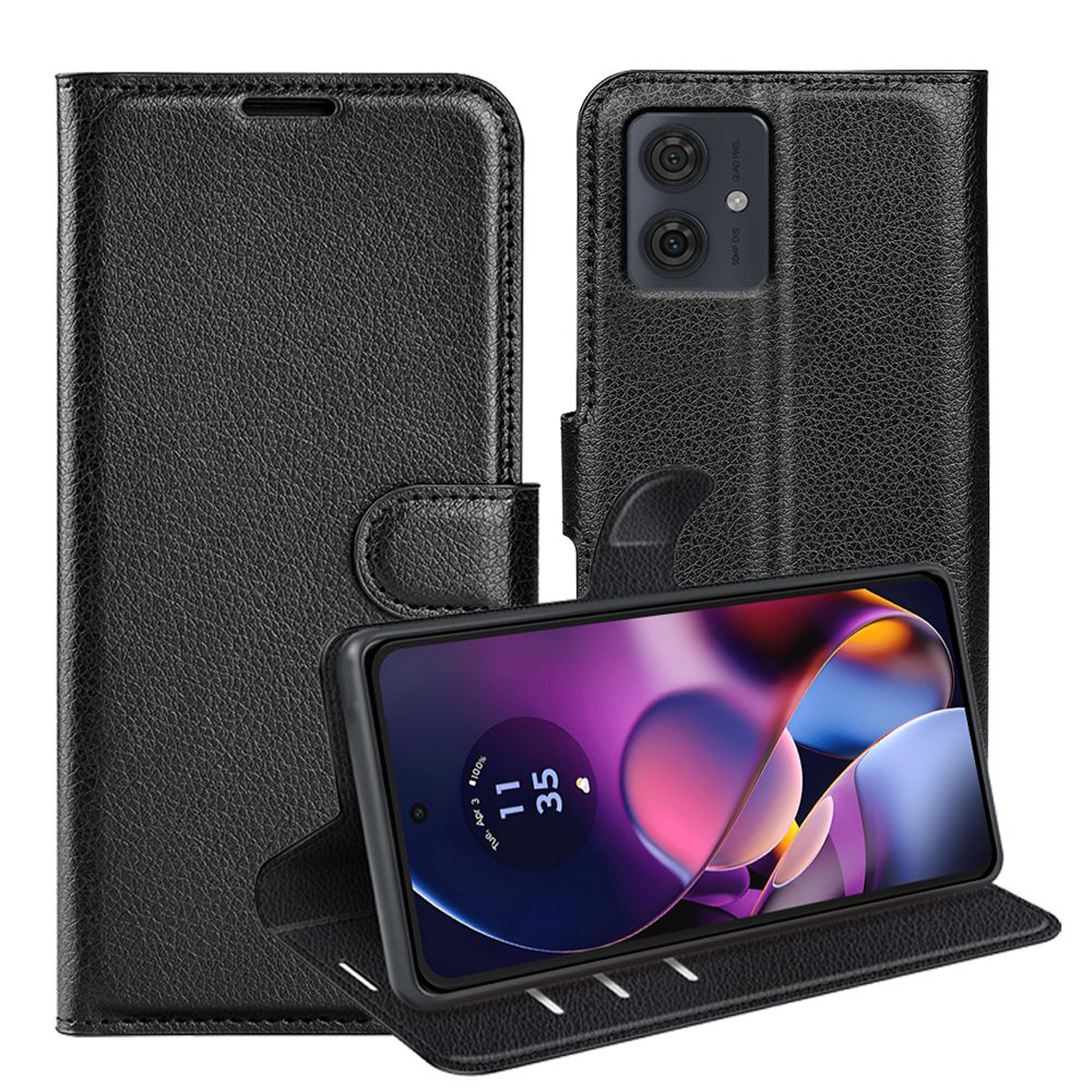 Een zwarte leren telefoonhoes, open en dicht, met een telefoon erin. De telefoon toont de tijd.