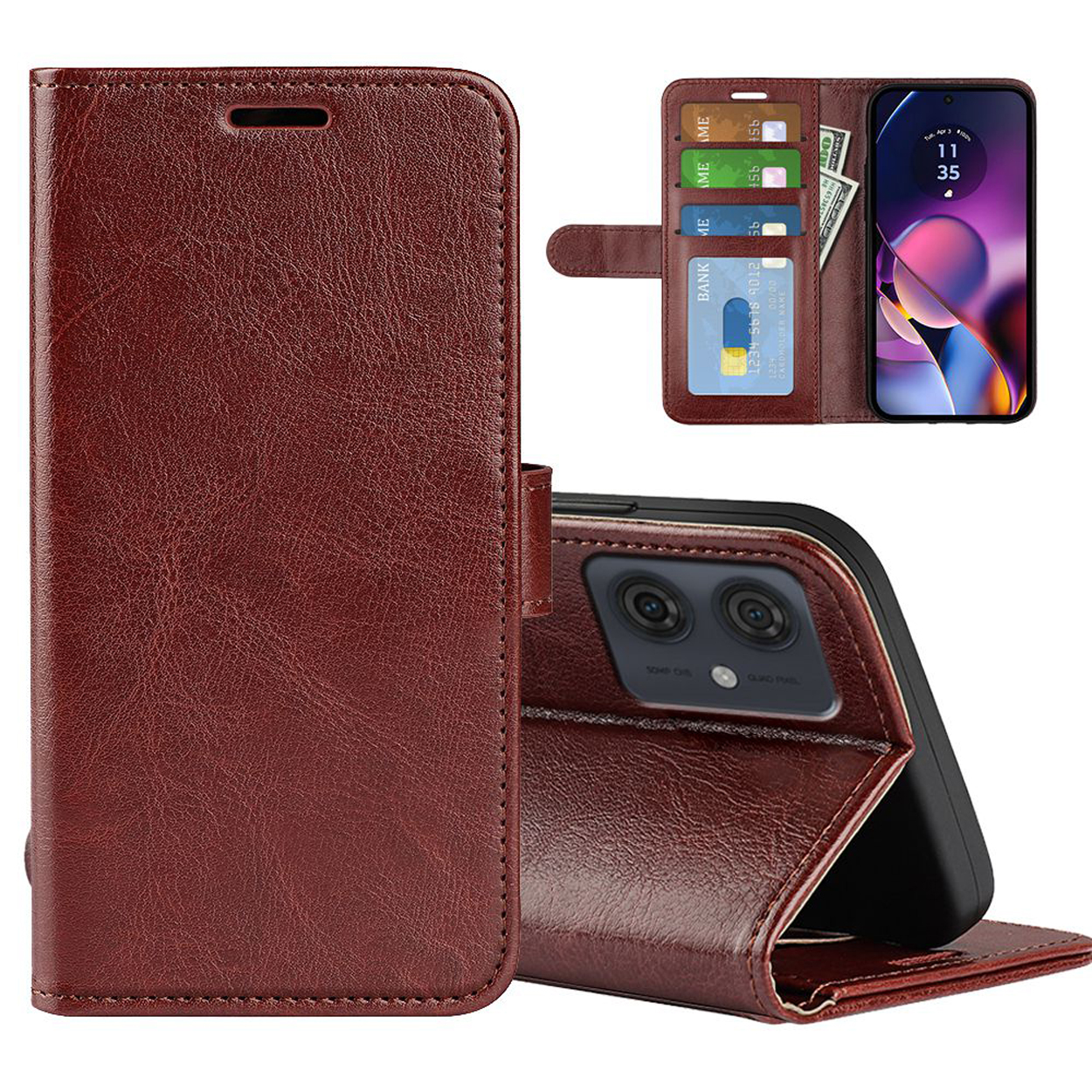 Étui de téléphone en cuir marron foncé avec cartes et argent. Le téléphone est ouvert.