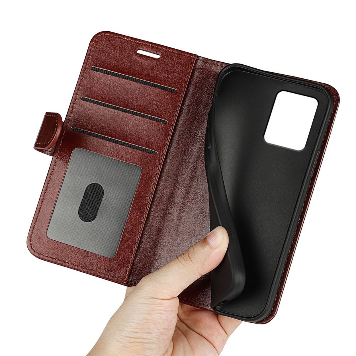 Étui portefeuille de téléphone en cuir marron. L'étui est ouvert, montrant une fente pour carte et un téléphone. Fond blanc.
