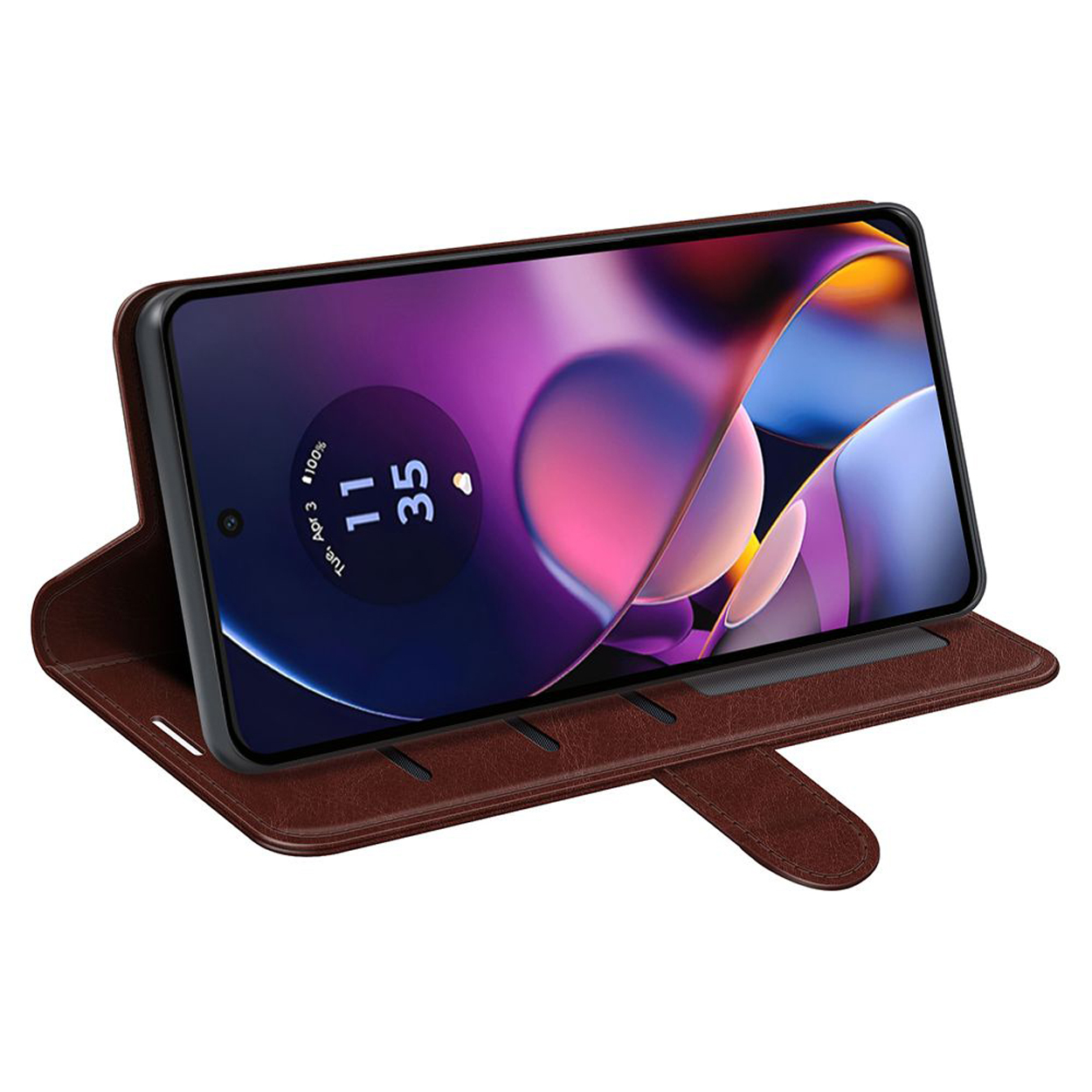Étui de téléphone marron ouvert, montrant l'écran du téléphone. L'écran affiche une image.