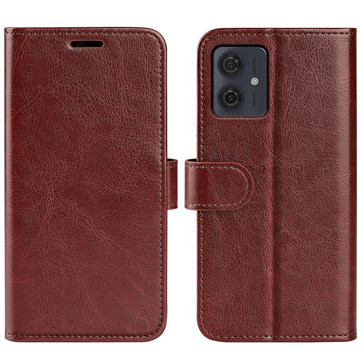 Coque de téléphone marron, ouverte. Le fond est blanc. La coque est sur une surface blanche.