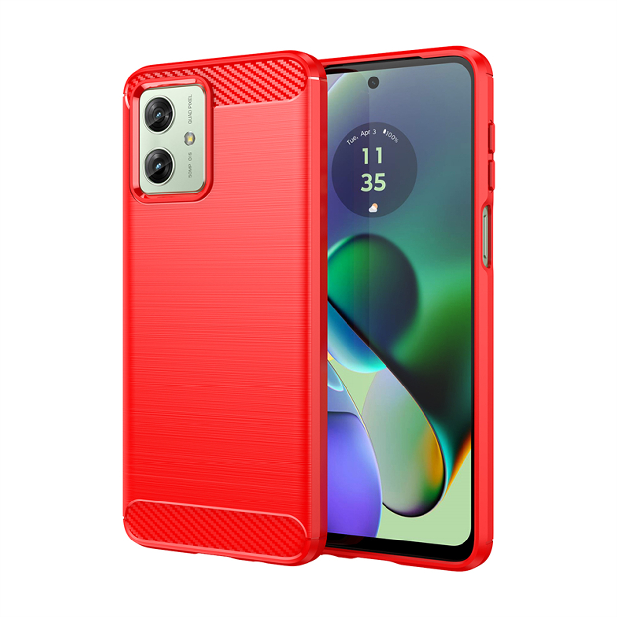 Étui de téléphone rouge, ouvert, avec caméra et téléphone visibles.