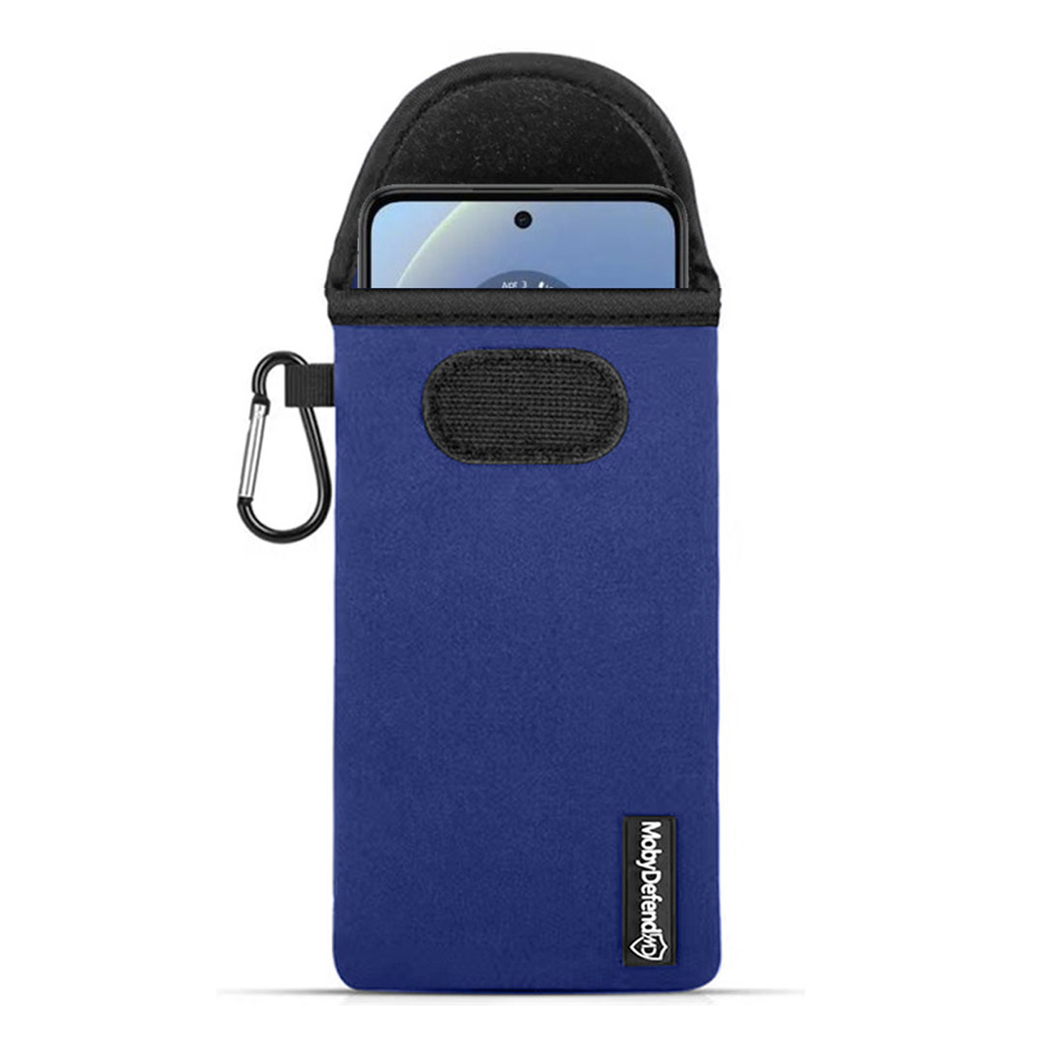 Blauwe telefoonhoes met een telefoon erin, zwarte voering en karabijnhaak.