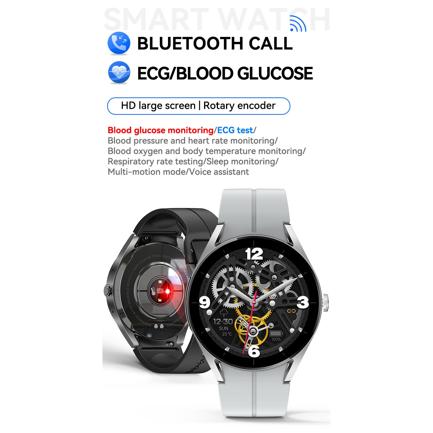 Due smartwatch, uno nero, uno bianco, con focus su funzionalità: chiamata Bluetooth, ECG e monitoraggio della glicemia.