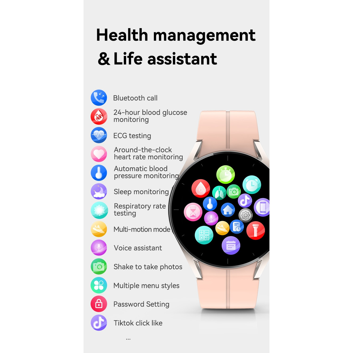 Smartwatch con cinturino rosa. Visualizza icone relative alle funzioni di salute.