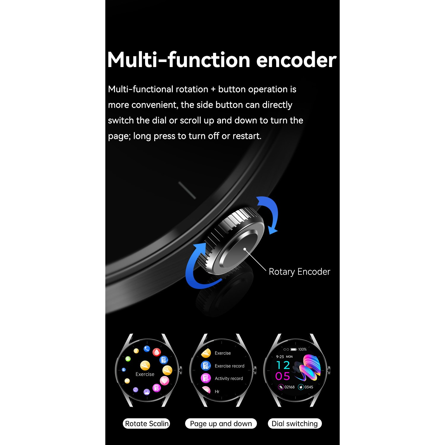 Primo piano dell'interfaccia del quadrante dello smartwatch, che mostra esercizio, attività e ora.