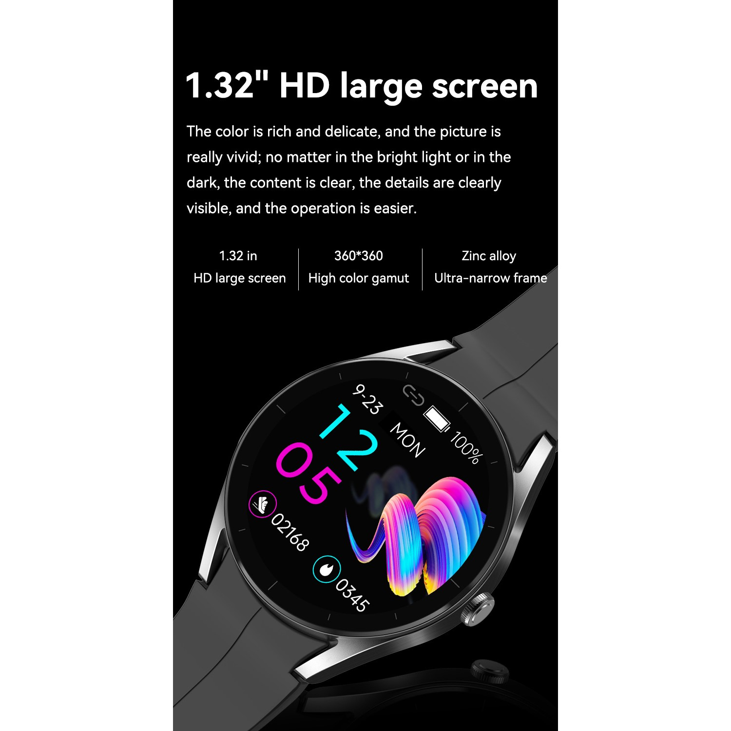 Uno smartwatch con schermo nero rotondo visualizza l'ora e ha un cinturino nero.
