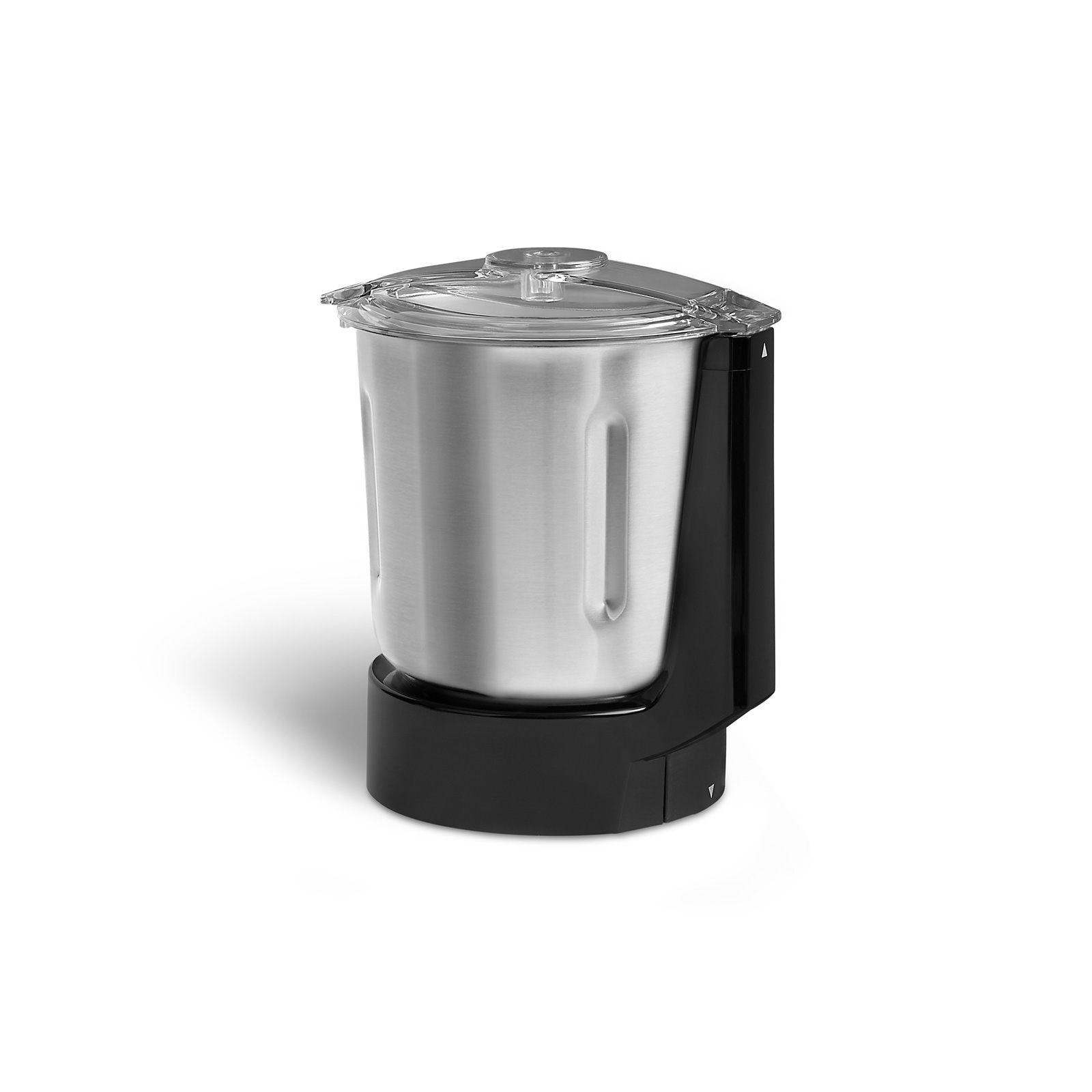 Ein schwarzer und silberner Mixer mit einem transparenten Deckel auf weißem Hintergrund.