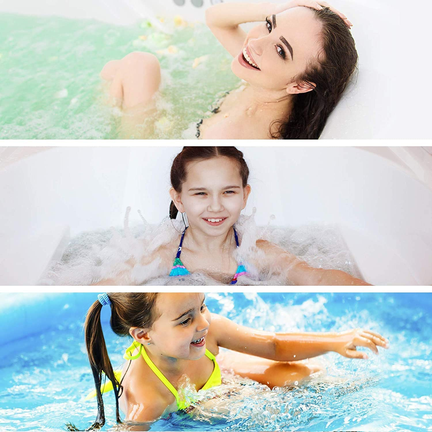 Three photos of women and girls in water: jacuzzi, pool, and bath. All are smiling and enjoying.