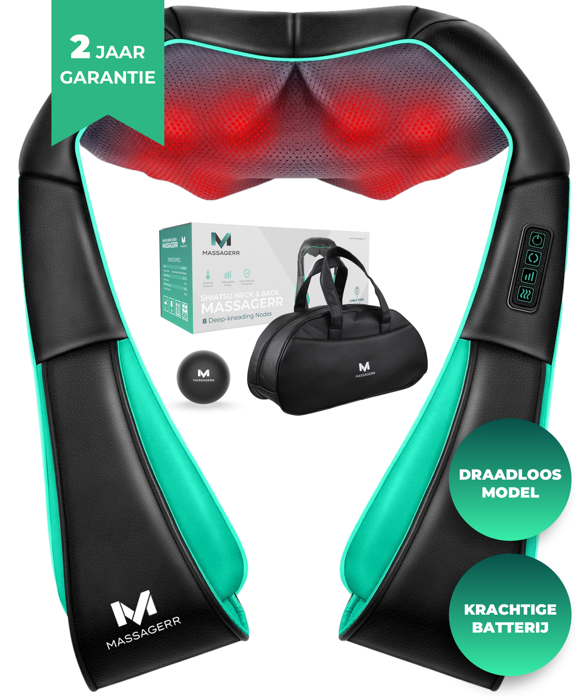 Nackenmassagegerät mit Box und Tasche, mit roten Heizknoten und Knöpfen.