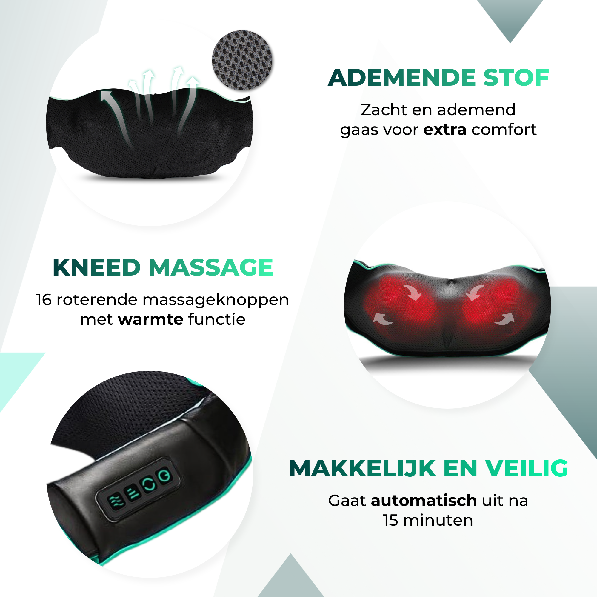 Ein schwarzes Nackenmassagegerät mit Textbeschriftungen und Diagrammen.