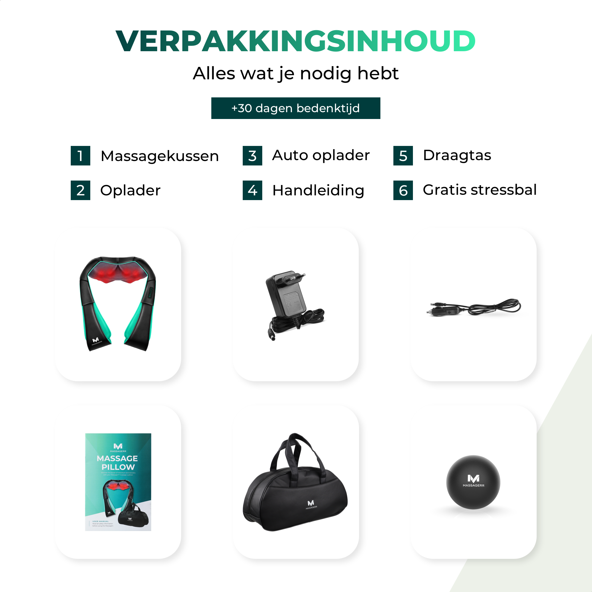 Artikel aus einem Massage-Set: Kissen, Ladegerät, Autoladegerät, Tasche, Stressball.