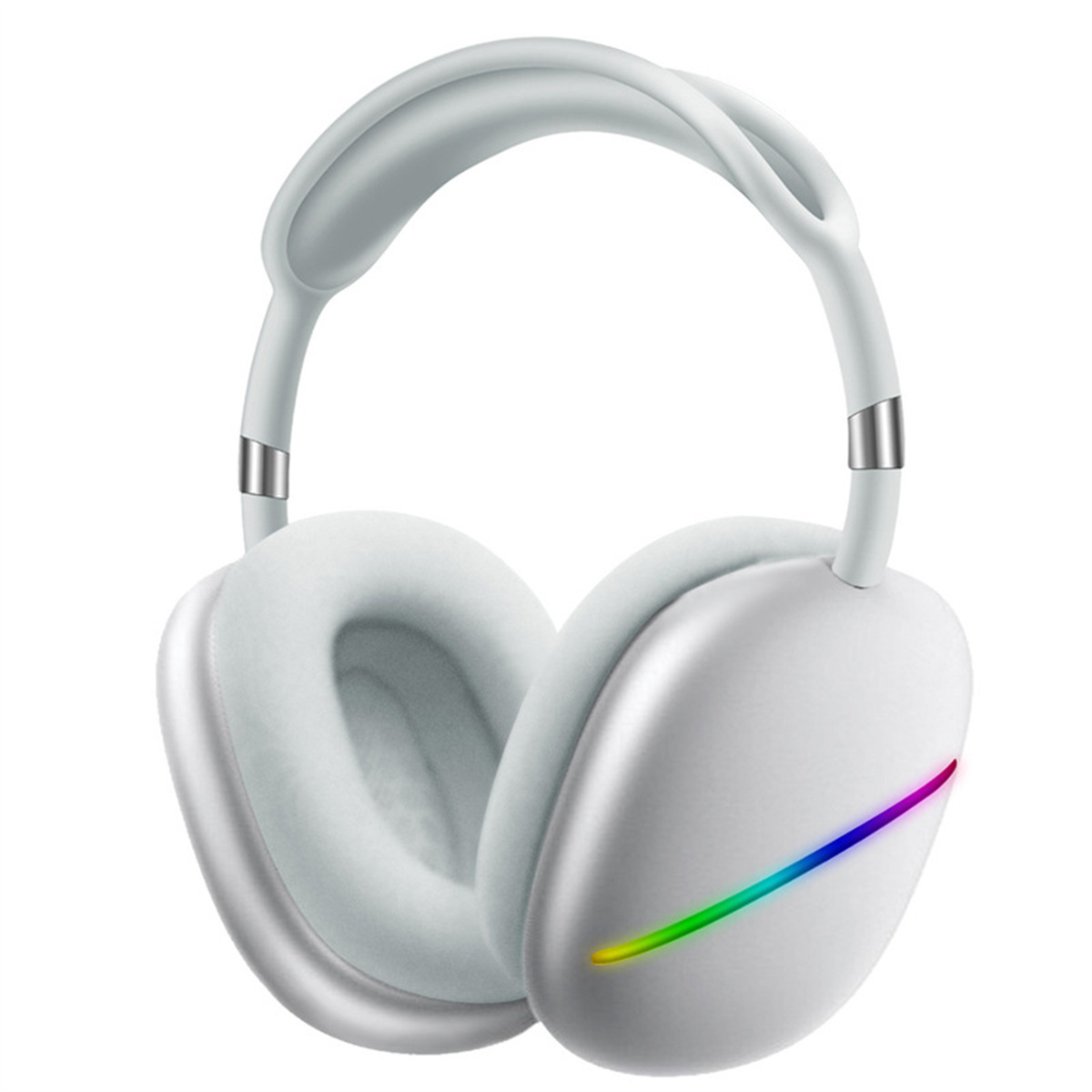 Weiße Kopfhörer mit Regenbogenlichtstreifen. Sie haben einen Kopfbügel und Ohrmuscheln.