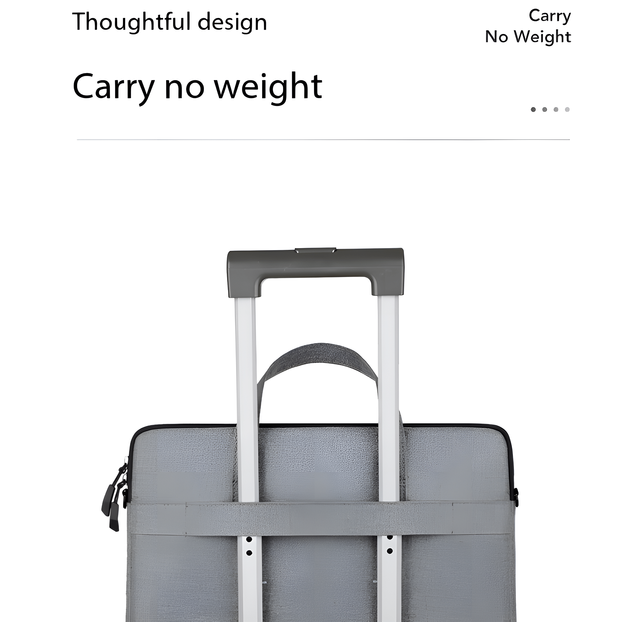 Eine graue Laptoptasche mit Griff und einem Carry-on-Griffsystem. Der Text lautet 'Carry no weight'.